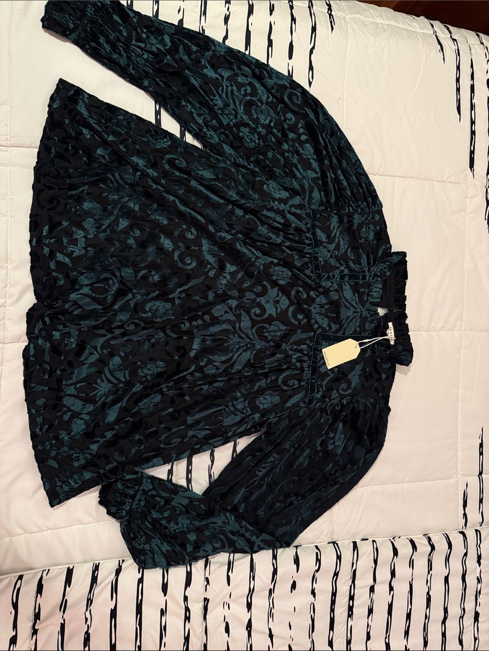 Jodifl Dark Teal & Black Velvet Burnout Blouse with Ruffle Neck